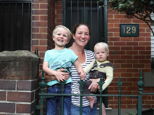 2/12/19: Angie with her sons, Harry 4 and Charlie 1 at their Surry Hills terrace. This home is being sold off market though The Agency. Angie and her husband are selling up to move back to the UK. John Feder/The Australian.