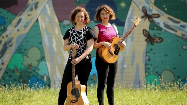 Sisters Beth and Byll Stephen of Melbourne children’s music act Teeny Tiny Stevies, whose third album ‘Thoughtful Songs for Little People’ was released in August 2020. Picture: Stuart McEvoy / The Australian