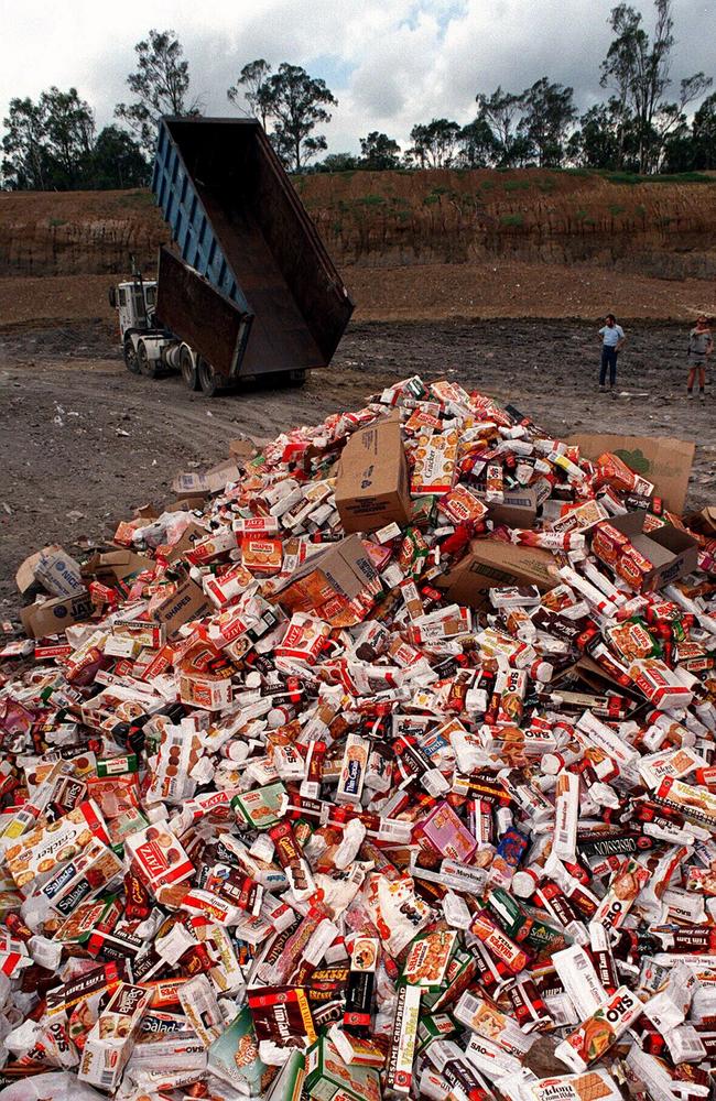 Arnotts biscuits being dumped at a New South Wales rubbish tip.