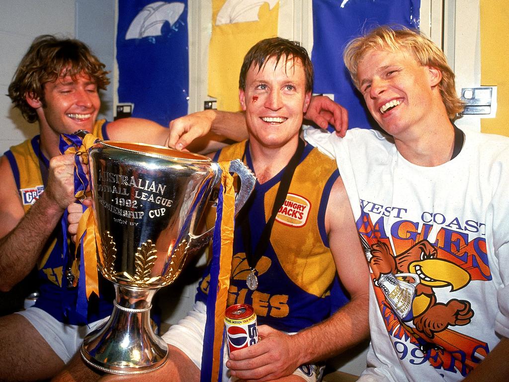Spurred on by fan abuse and hurled VB cans, West Coast secured their first AFL premiership in 1992. Picture: Tony Feder/Getty Images