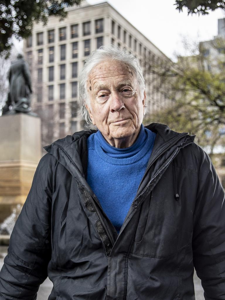 Eminent Tasmanian historian Henry Reynolds in Franklin Square where the subject of his new book, Tongerlongeter, met with Governor George Arthur, at the then site of Tasmania’s Government House, which was originally located in Macquarie St. Picture EDDIE SAFARIK