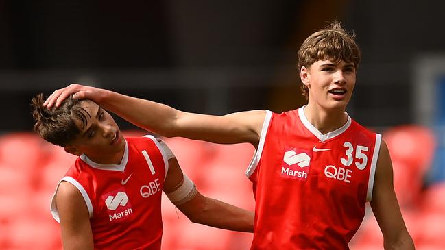 James O'Loughlin (lett) and Aidan McCartney both kicked three goals. Picture: Albert Perez/AFL Photos via Getty Images