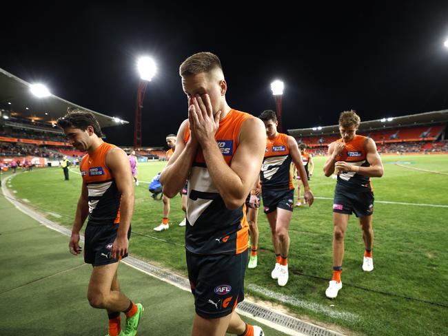 Dejected Toby Bedford and Harry Himmelberg  during the AFL Semi Final match between the GWS Giants and Brisbane Lions at Engie Stadium on September 14, 2024. Photo by Phil Hillyard(Image Supplied for Editorial Use only - **NO ON SALES** - Â©Phil Hillyard )