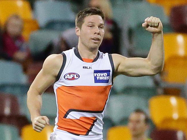 GWS's Toby Greene kicks a goal. The Brisbane Lions vs GWS at the Gabba in Brisbane. Pic Peter Wallis