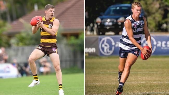 QAFL players Jordan Hayden (Aspley) and Ben Major (Broadbeach). Pictures: Highflyer Images and Brooke Sleep Media.