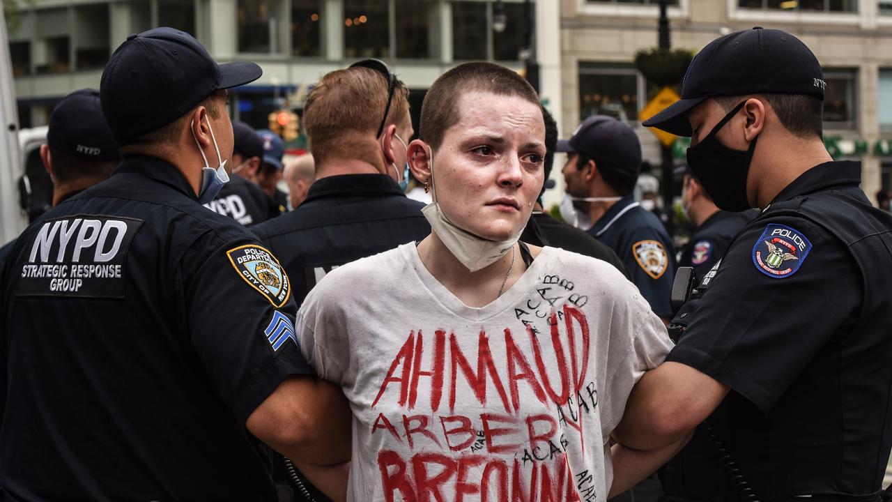 A protester is detained by police in New York City following the death of George Floyd. Picture: Getty Images