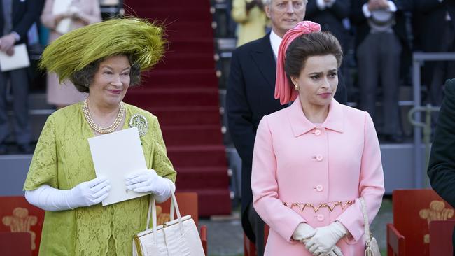 Marion Bailey and Helena Bonham Carter in a scene from the third season of The Crown