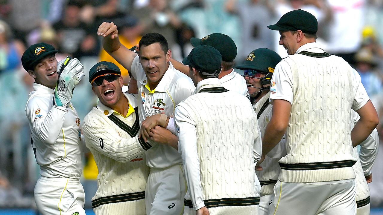 Scott Boland of Australia celebrates after dismissing Jack Leach. Photo by Quinn Rooney/Getty Images