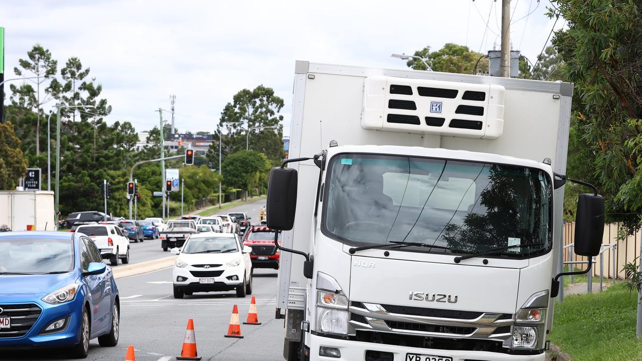 The truck still at the scene of the incident on Browns Plains Road. Picture: David Clark