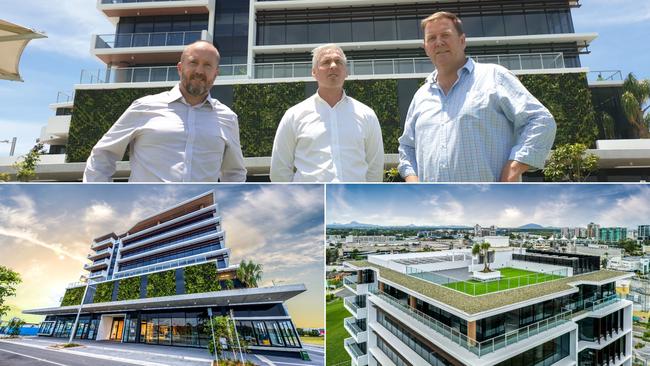 LPE chairman Justin Pettett, CEO Damien Glanville and Evans Long director Dirk Long outside Foundation Place in the Maroochydore CBD.