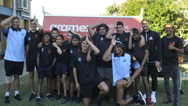 Cronulla Sharks players Shaun Johnson, Wade Graham and Will Chambers visit Orara High School. Sharks major sponsor Aramex made a $5000 donation to the Clontarf Foundation which operates programs at the school.