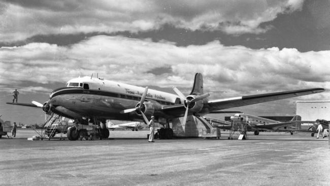 A Trans Australia Airlines Skymaster at Eagle Farm Airport in 1951. Picture: Fred Carew