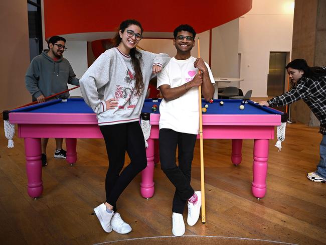 16/07/2023: Students (front), Isi Larraguibel  26, and Rowen Fernandopulle 23 relax at Scape student accomodation in South Bank, Brisbane. International students in Australia have surged to the highest levels in a decade, sparking concern that hordes of new entrants are exacerbating AustraliaÃ¢â‚¬â„¢s housing crisis. .  pic Lyndon Mechielsen/The Australian