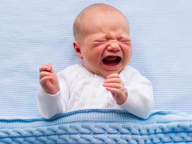 Newborn crying baby boy. New born child tired and hungry in bed under blue knitted blanket. Children cry. Bedding for kids. Infant screaming. Healthy little kid shortly after birth. Cable knit textile  - Picture istock