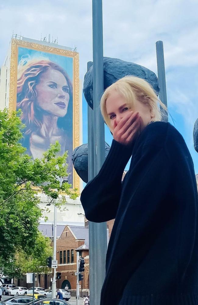 Nicole Kidman reacts to seeing her mural that was painted recently in Kings Cross, Sydney. Picture: Instagram