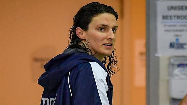 ATLANTA, GA - MARCH 18:  University of Pennsylvania swimmer Lia Thomas looks back after finishing fifth in the 200 Freestyle final during the NCAA Swimming and Diving Championships on March 18th, 2022 at the McAuley Aquatic Center in Atlanta Georgia.  (Photo by Rich von Biberstein/Icon Sportswire via Getty Images)