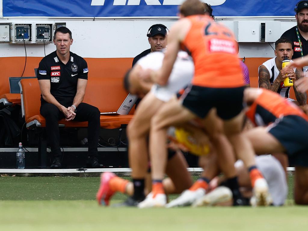 Craig McRae will have plenty to ponder ahead of Collingwood’s clash with Port. Picture: Michael Willson/AFL Photos via Getty Images