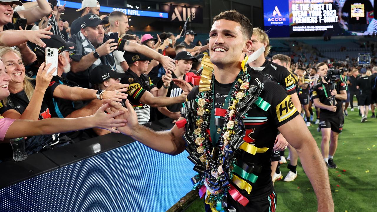 Nathan Cleary celebrates with fans after winning the grand final. Picture: Matt King/Getty Images)