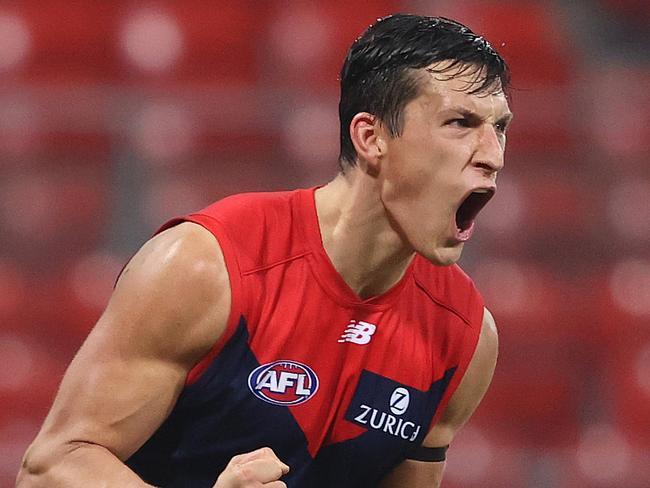 Melbourne's Sam Weideman celebrates kicking a goal  during AFL match between the Melbourne Demons and Gold Coast Suns at Giants Stadium in Sydney. Picture. Phil Hillyard