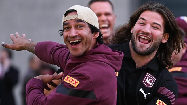 BRISBANE, AUSTRALIA - NewsWire Photos - JUNE 21, 2023. Queensland XXXX Maroons assistant coach Johnathan Thurston (left) and player Patrick Carrigan during a light kicking session with fans in BrisbaneÃ&#149;s CBD, ahead of the State of Origin II game at Suncorp Stadium tonight. Picture: Dan Peled / NCA NewWire