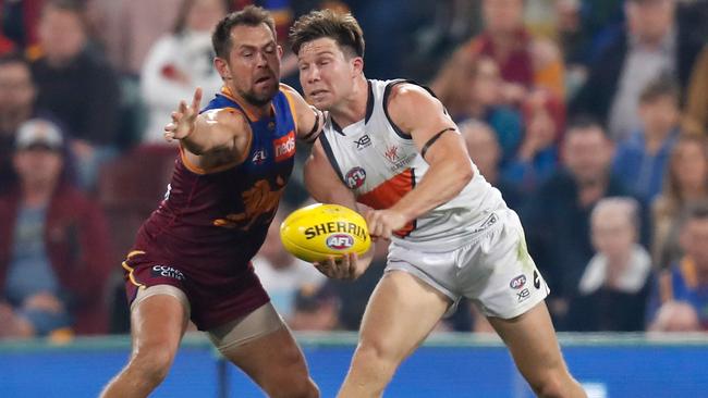 Greene puts Brisbane veteran Luke Hodge to the sword in the semi final. Picture: AFL Photos