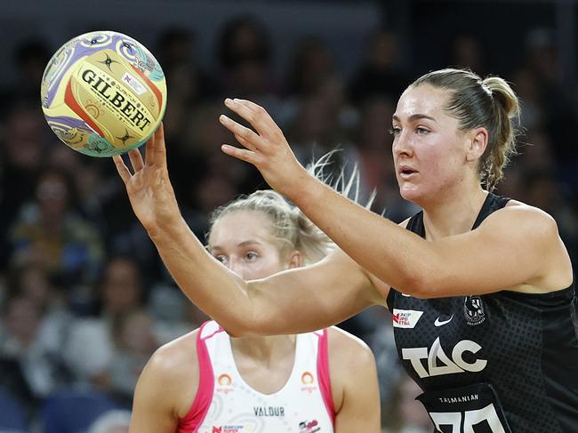 MELBOURNE, AUSTRALIA - JUNE 03: Sophie Garbin of the Magpies passes the ball during the round 12 Super Netball match between Collingwood Magpies and Adelaide Thunderbirds at John Cain Arena, on June 03, 2023, in Melbourne, Australia. (Photo by Kelly Defina/Getty Images)