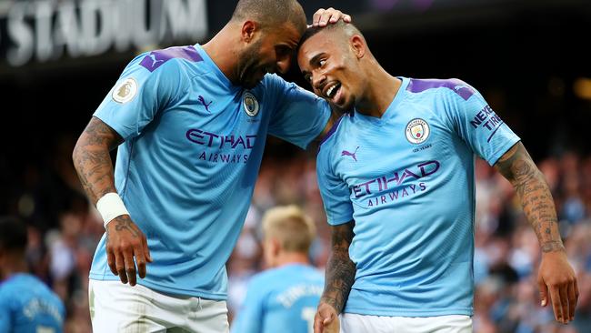 Gabriel Jesus of Manchester City celebrates after scoring his sides third goal which is later disallowed by VAR. Picture Clive Brunskill/Getty Images