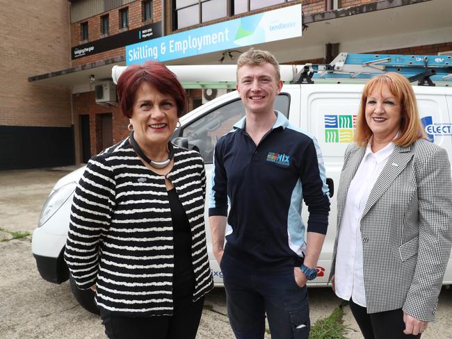 Lendlease community partnerships manager Judith Field, fourth year apprentice Jono Owen and Hix Group general manager Lea Hix. Lendlease has developed the employment hub in St Marys to help residents find work. Picture: AAP Image/David Swift