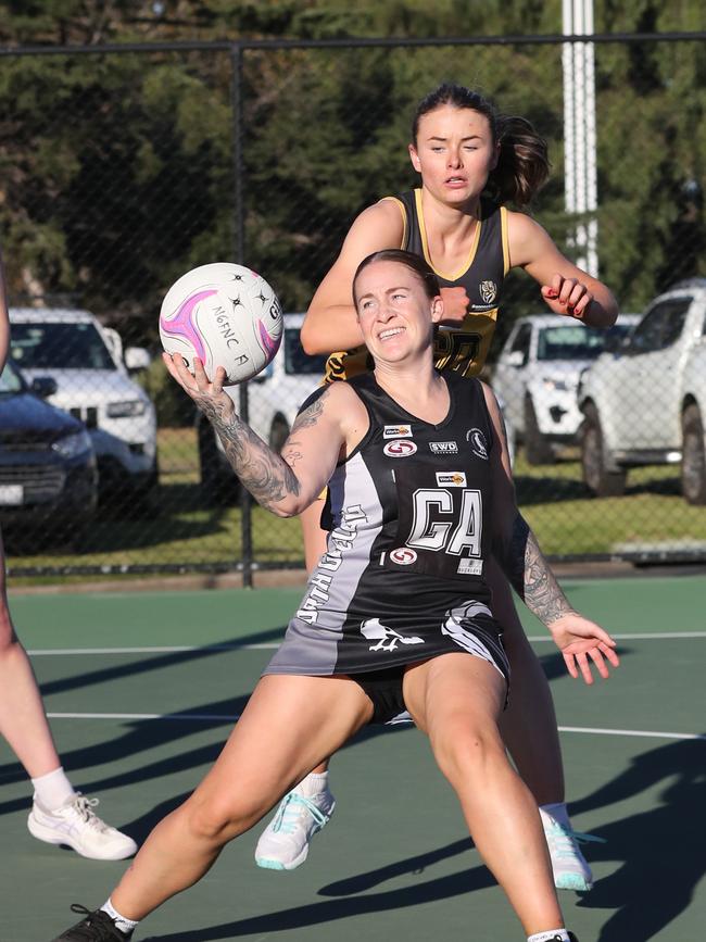 North Geelong's Marney McRandall on the ball. GDFNL North Geelong v Bannockburn netball. Picture: Alan Barber
