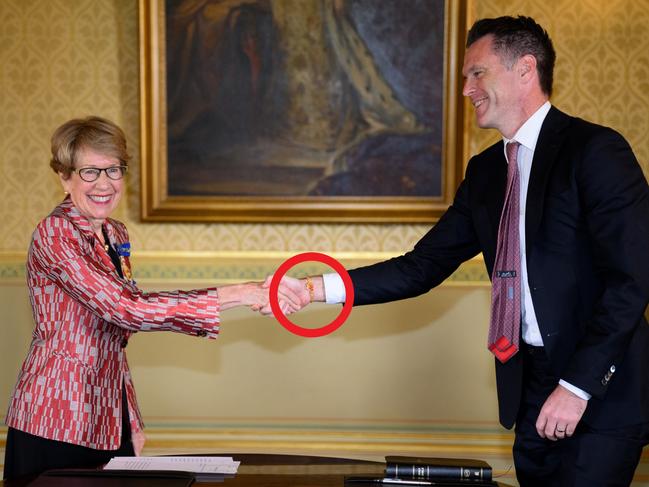 Mr Minns wore a 'good luck charm' to Government House on Tuesday as he was sworn in as NSW's next premier. Picture: Dylan Coker/ NCA NewsWire