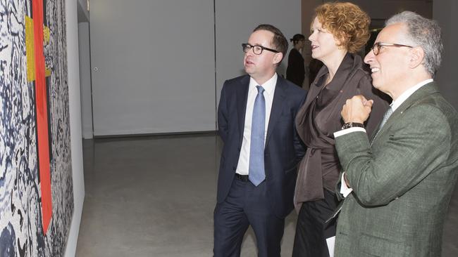 Alan Joyce, Elizabeth Ann Macgregor and Simon Mordant at the Museum of Contemporary Art in Sydney.