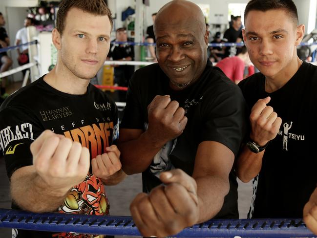 Tim Tszyu (right) with Jeff Horn (left) and former world champ John Mugabi at Dundee Kim’s West End gym. Picture: Mark Calleja