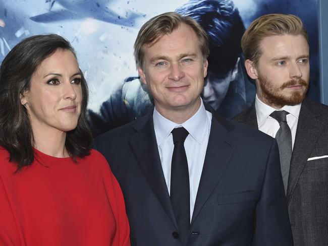 Producer Emma Thomas, director Christopher Nolan and Jack Lowden at the New York premiere of Dunkirk. Picture: Evan Agostini/Invision/AP