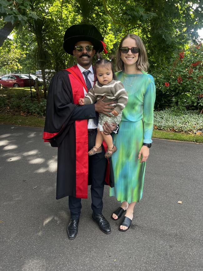 Dr Niranjan Sathianathen (PhD in Medicine) Max and Cassie Taylor at the University of Melbourne graduations held at the Royal Exhibition Building on Tuesday, December 17, 2024. Picture: Jack Colantuono