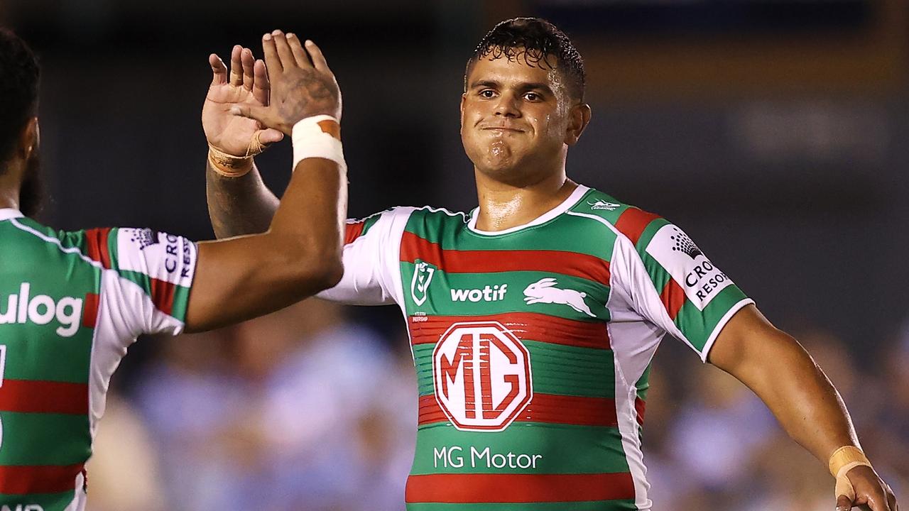 PENRITH, AUSTRALIA - MARCH 04: Izaac Thompson and Latrell Mitchell the Rabbitohs celebrate victory during the round one NRL match between Cronulla Sharks and South Sydney Rabbitohs at BlueBet Stadium on March 04, 2023 in Cronulla, Australia. (Photo by Mark Kolbe/Getty Images)
