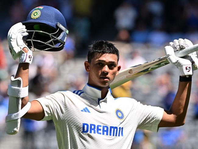 Yashasvi Jaiswal acknowledges the crowd after making 161 in Perth. Picture: Saeed Khan/AFP.