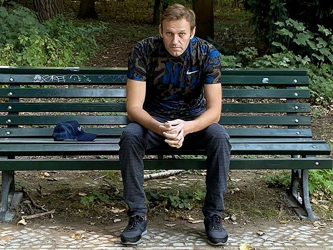 Russian opposition leader Alexei Navalny sits on a bench in Berlin. Picture: Instagram / @navalny