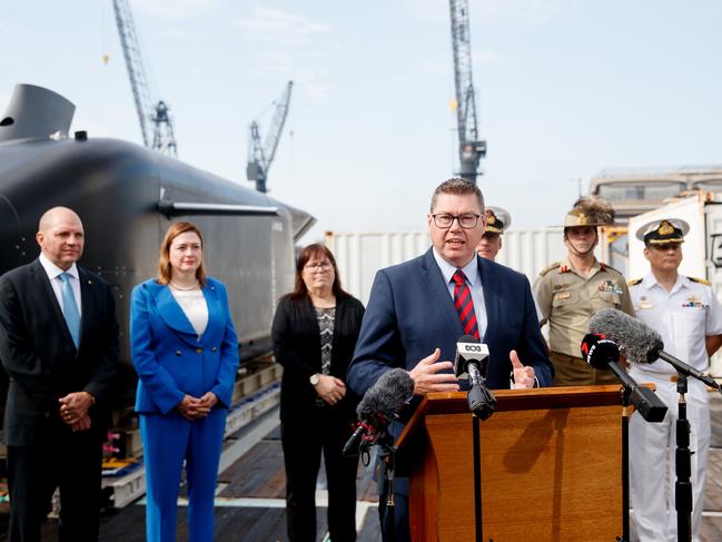 SYDNEY, AUSTRALIA - NewsWire Photos APRIL 18, 2024: Minister for Defence Industry, Pat Conroy, with Chief Defence Scientist Prof Tanya Monro during a press conference showing the Ghost Shark prototype at Garden Island on Thursday. Picture: NCA NewsWire / Nikki Short