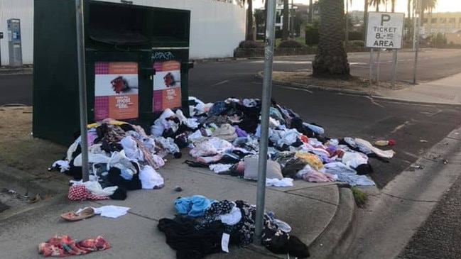 Illegal dumping at ops shops and charity bins, like this one in St Kilda last week, is lessening as stores reopen. Picture: Supplied