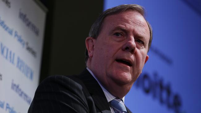 Banking and Wealth summit, InterContinental Hotel, Sydney. Former Treasurer and current Future Fund chair Peter Costello addresses the audience. Pic - Britta Campion