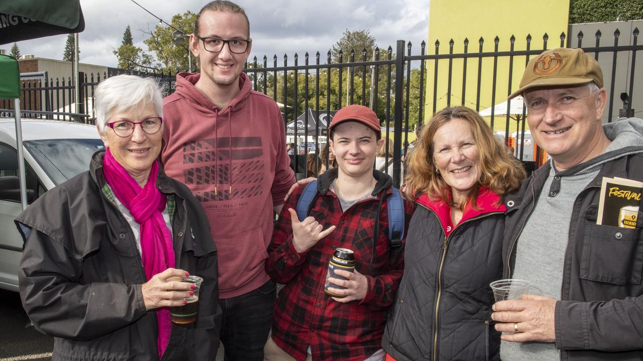 (from left) Michelle Considine, Adam Schwarz, Peta Scott, Liz Scott and Phil Scott at Brewoomba craft beer festival, Fitzy's. Saturday, August 13, 2022. Picture: Nev Madsen.