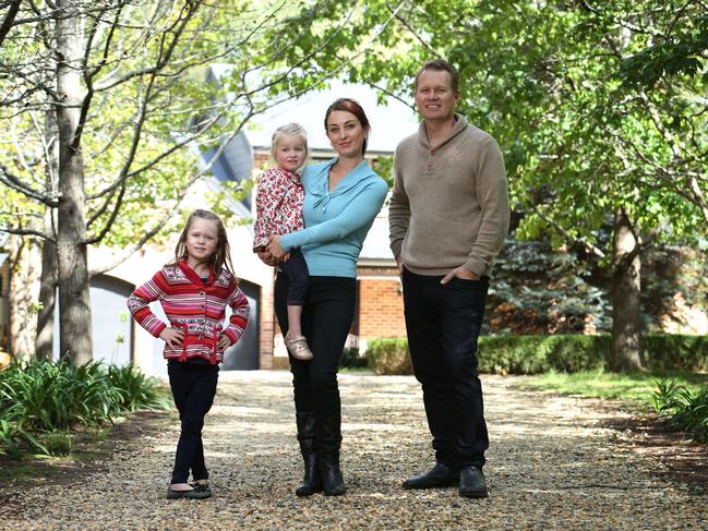 10/04/2020. Etta and Ben Hurst, aged 39 and 44, with daughters Rose, 6, and Georgia, 3 who are selling their gorgeous home in Burradoo in the Southern Highlands; south of Sydney, to move even further out of town. Rural areas are coming more in demand as social distancing makes Sydney and Melbourne residents decide they want more space. Britta Campion / The Australian