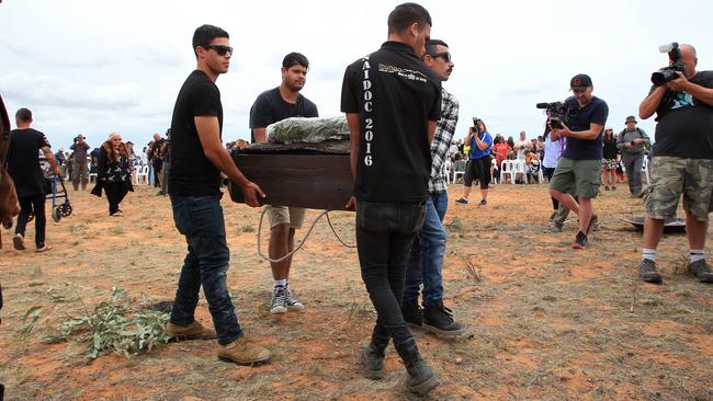 Mungo Man’s remains arrive at Mungo National Park in 2017. Picture: Aaron Francis