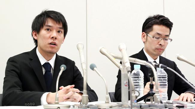 Coincheck President Koichiro Wada, left. Coincheck exchange lost 58 billion yen ($530 million) in cryptocurrency because of hacking. (Takuya Inaba/Kyodo News via AP)