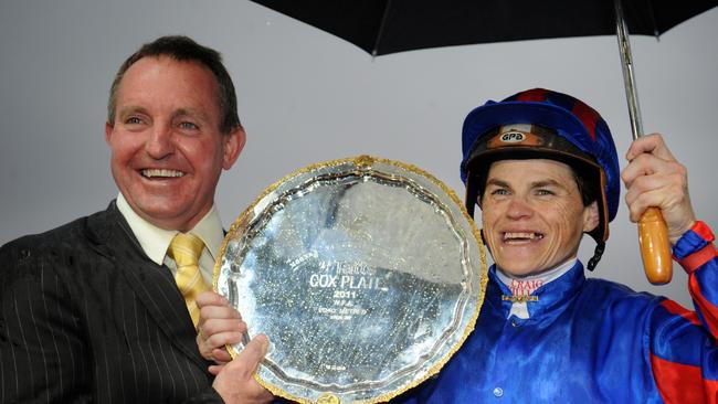 Craig Williams with trainer Greg Eurell after Pinker Pinker’s 2011 Cox Plate triumph.