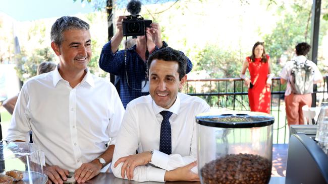 Queensland LNP leader David Crisafulli pictured visiting and speaking to students from Arcadia College at Robina, also pictured is Hermann Vorster LNP candidate for Burleigh Heads Picture David Clark