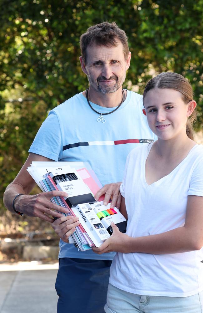 Richard Gray of the Grange with daughter Phoebe Gray, 15, with school supplies, Wilson. Picture: Liam Kidston