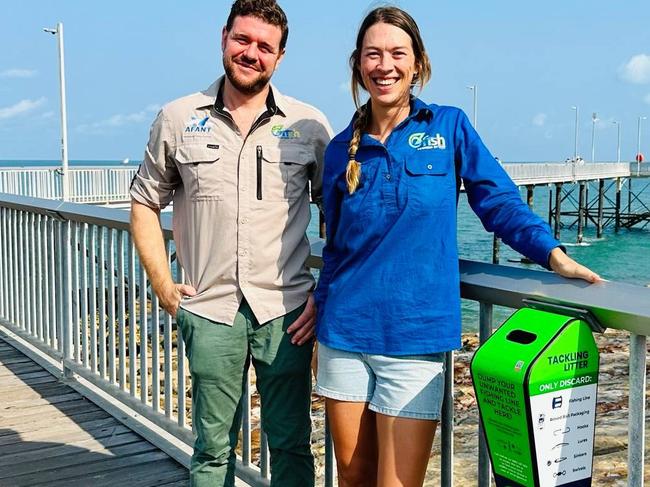 AFANT CEO David Ciaravolo and OzFish NT Project Officer Ruby Hatfield excited to launch Tangle Bins initiative. Picture: Supplied.