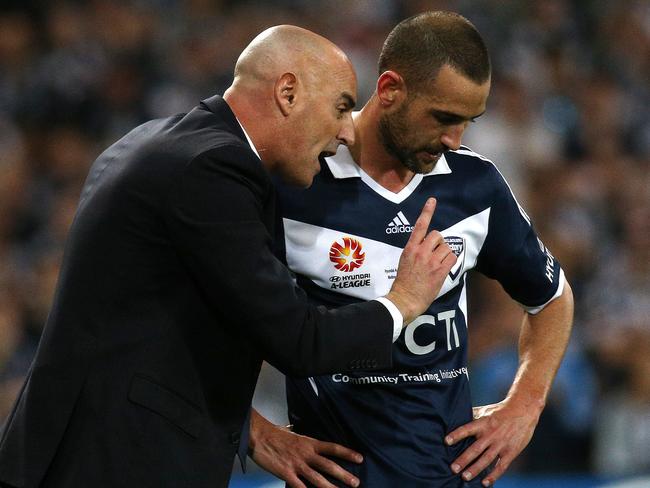 A League Grand Final, Melbourne Victory V Sydney Fc at AAMI Park, 17th May, Melbourne Australia.  Melbourne Victory coach Kevin Muscat gives out instructions to Carl Valeri during the match.Picture : George Salpigtidis