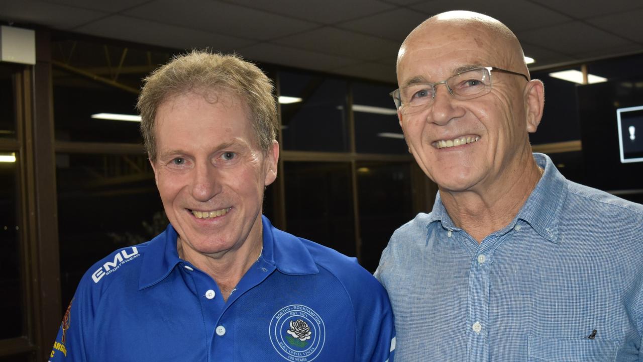 Wayne Sear and Murray Hurst at Norths Chargers' centenary celebrations at the Rockhampton Jockey Club on October 2, 2021.